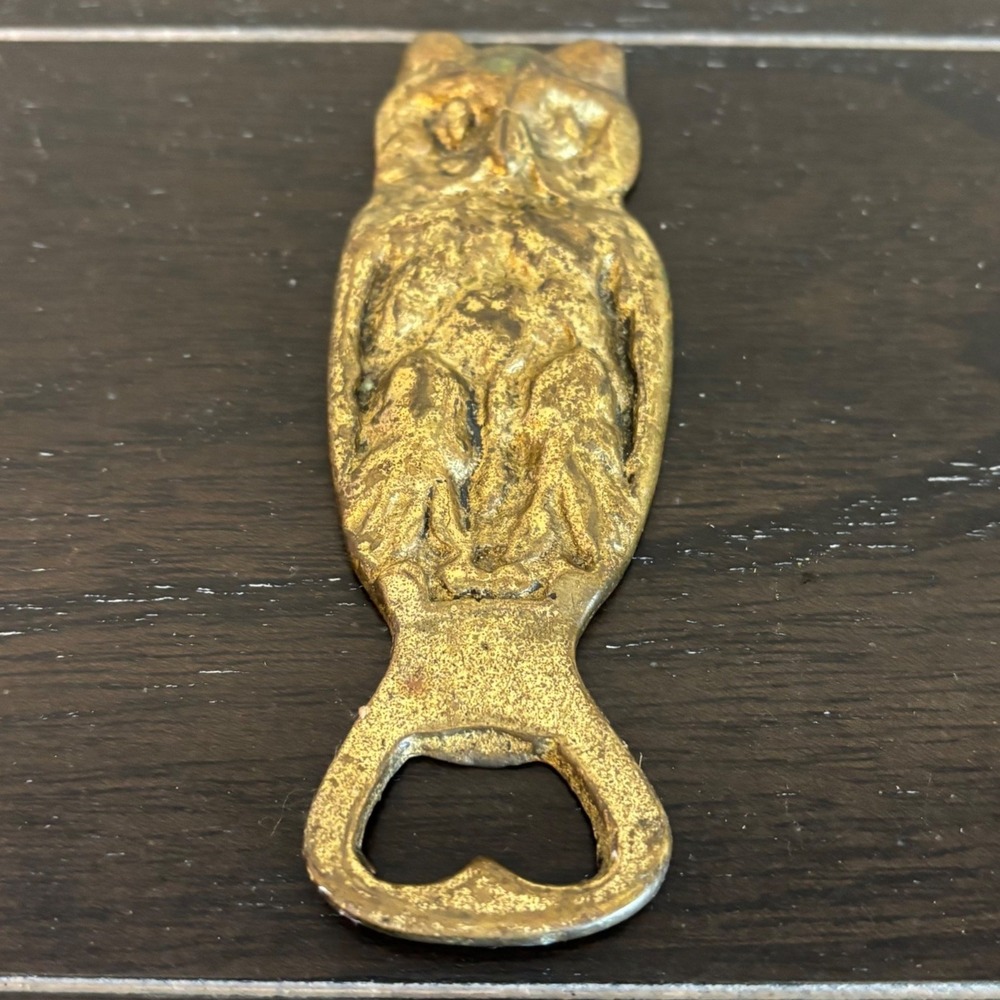 Vintage Brass Owl Bottle Opener | Bar Tool | Antiqued Gold Finish | 4.25"